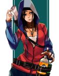  1girl black_hair breasts cleavage commentary_request devil_may_cry dmc:_devil_may_cry english_text facial_mark forehead_mark hood hoodie jacket jewelry kat_(devil_may_cry) medium_hair nanakusa_gayu_(maple_syrup_10324) necklace solo spray_can 