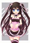  :d bare_shoulders black_hair blue_eyes blush borrowed_character collar denpa_(kazuharu) hair_ribbon ico_(green_bullet) long_hair midriff navel open_mouth original ribbon skirt smile solo thighhighs two_side_up very_long_hair wrist_cuffs zettai_ryouiki 