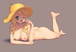  barefoot blonde_hair breasts food full_body green_eyes hat holding hoshii_miki ice_cream idolmaster idolmaster_(classic) large_breasts leg_up long_hair lying nipples nude on_stomach one_eye_closed open_mouth pettan_p simple_background solo 