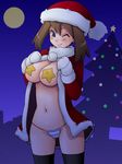  black_legwear blue_eyes breasts brown_hair christmas coat covered_nipples haruka_(pokemon) hat large_breasts mittens one_eye_closed open_clothes open_coat panties pasties pokemon santa_costume santa_hat solo striped striped_panties thighhighs tongue tongue_out tsumitani_daisuke underwear 