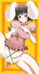  animal_ears black_hair bottomless breast_squeeze breasts bunny_ears carrot censored dildo food food_insertion gorigori222 inaba_tewi large_breasts object_insertion older pubic_hair pussy_juice red_eyes short_hair smile thick_thighs thighs touhou vaginal vaginal_object_insertion 