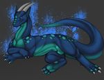  4_toes balls blue_body blue_dragon blue_eyes blue_theme claws digitigrade dragon drakni feral hindpaw horn looking_at_viewer lying male nude paws plain_background pose relaxing scalie soles solo spots thick_tail toes tojo_the_thief 