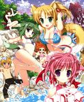  5girls :3 :d absurdres ahoge animal_ears armpits ass bare_shoulders barefoot bikini black_hair blonde_hair blue_eyes blue_sky blush braid breasts brioche_d'arquien brown_hair cleavage cloud cross dog dog_days dog_ears dog_girl dog_tail double_bun eclair_martinozzi fish fishing flat_chest fox_ears fox_tail fujima_takuya gloves green_eyes green_hair hand_behind_head highres large_breasts long_hair looking_back millhiore_f_biscotti multiple_girls navel open_mouth panties pants pink_hair ponytail purple_eyes ricotta_elmar scan shinku_izumi shiny shiny_skin short_hair side-tie_bikini side_braid silver_hair single_braid sitting sky smile striped striped_panties swimsuit tail tree underwear water yellow_eyes yukikaze_panettone 