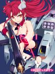  bare_shoulders blue_background breast_press breasts bustier cleavage copyright_name detached_collar grin gun headgear junketsu_duelion large_breasts libelula_ambition long_hair mecha_musume midriff official_art red_eyes red_hair rifle simple_background skirt smile solo thighhighs translated weapon wrist_cuffs yangsion 