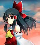  ascot bare_shoulders black_hair blush bow brown_eyes cloud detached_sleeves hair_bow hair_tubes hakurei_reimu long_hair sawamura_hikaru sky smile solo touhou wide_sleeves 