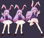  alphes_(style) animal_ears bare_legs blouse blue_background bunny_ears closed_eyes crossed_arms highres kaoru_(gensou_yuugen-an) lavender_hair loafers long_hair looking_at_viewer necktie open_mouth outstretched_arm parody pointing pointing_up red_eyes red_neckwear reisen_udongein_inaba shirt shoes simple_background socks standing standing_on_one_leg style_parody sweatdrop touhou very_long_hair vest 