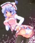  ass back black_legwear blue_eyes blue_hair blush breasts chuuten_(clam_chowder) hat large_breasts merlin_prismriver panties short_hair skirt smile solo thighhighs touhou underwear white_panties 