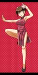  alternate_hairstyle alto-00 arm_up armpits brown_eyes brown_hair bun_cover chestnut_mouth china_dress chinese_clothes double_bun dress fighting_stance hair_up highres leg_up letterboxed polka_dot polka_dot_background red_background solo standing standing_on_one_leg taneshima_popura working!! 