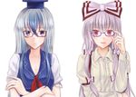  bad_id bad_pixiv_id bespectacled blue_eyes blue_hair bow breasts cleavage collarbone crossed_arms fujiwara_no_mokou glasses hair_bow hat kamishirasawa_keine long_hair long_sleeves medium_breasts multicolored_hair multiple_girls open_mouth red_eyes short_sleeves silver_hair simple_background smile touhou two-tone_hair upper_body white_background yuta_(ricochetsmain) 