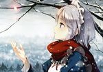  absurdres blue_eyes day from_side highres izayoi_sakuya ke-ta maid maid_headdress non-web_source outdoors petals profile red_scarf scan scarf silver_hair snow snowing solo touhou 