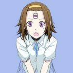  :o blue_background brown_hair chitanda_eru foreshortening hairband hamada_youho hyouka k-on! leaning_forward looking_at_viewer open_mouth purple_eyes ribbon round_teeth sakuragaoka_high_school_uniform satou_satomi school_uniform seiyuu_connection short_hair simple_background sketch solo tainaka_ritsu teeth 