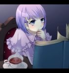  alternate_hair_length alternate_hairstyle blush book capelet chair crescent crescent_hair_ornament cup hair_ornament hairpin long_sleeves patchouli_knowledge plate purple_eyes purple_hair sawara_(starligtvision) short_hair shy solo table tea teacup touhou 