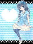  arm_support bad_id bad_pixiv_id blouse blue blue_hair blush bow hair_bow heart horizontal_stripes jewelry legs_together long_hair looking_at_viewer mary_janes migu_(migmig) necklace original pantyhose polka_dot polka_dot_blouse puffy_short_sleeves puffy_sleeves shoes short_sleeves sitting skirt solo striped striped_background wavy_hair white_skirt 