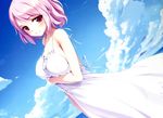  alternate_costume beach blush breast_hold breasts cloud day dress dutch_angle frills highres ke-ta large_breasts looking_at_viewer non-web_source ocean outdoors pink_eyes pink_hair saigyouji_yuyuko scan short_hair sky smile solo strap_gap sundress touhou twisted_torso 