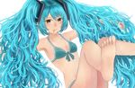  aqua_eyes aqua_hair barefoot big_hair bikini curly_hair feet front-tie_top hatsune_miku long_hair mouth_hold outstretched_arms sakimori_(hououbds) soles solo spread_arms swimsuit twintails very_long_hair vocaloid white_background 