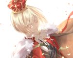  1boy bangs black_gloves blonde_hair cape closed_mouth collared_shirt commentary_request crown eyebrows_visible_through_hair eyes_closed fate/extra fate_(series) flower fur_trim gloves hand_up highres holding holding_flower jacket leonard_bistario_harway long_sleeves red_jacket shirt short_hair simple_background smelling tsushima_touko 