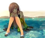  beach bikini black_bikini blue_eyes brown_hair hair_ornament hairclip hand_on_own_knee head_tilt jacket long_hair looking_at_viewer off_shoulder open_mouth original partially_submerged sandals shade sitting smile solo swimsuit water yoo_(tabi_no_shiori) 