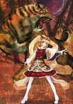  absurdres animal_ears blonde_hair brown_eyes dress highres holding kemonomimi_mode outstretched_arm polearm scan short_hair smile solo teeth thighhighs tiger tiger_ears tongue toramaru_shou touhou trident virus_(obsession) weapon white_legwear 