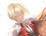  1boy bangs blonde_hair cape closed_mouth collared_shirt commentary_request crown eyebrows_visible_through_hair eyes_closed fate/extra fate_(series) fur_trim highres jacket leonard_bistario_harway long_sleeves red_jacket shirt short_hair simple_background tsushima_touko 