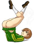  ass bottomless brown_eyes brown_hair isu jacket legs_over_head lowres multi naked_track_jacket persona persona_4 satonaka_chie shoes short_hair socks solo to_heart track_jacket upside-down when_you_see_it 