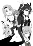  ahoge animal_ears bow dress glasses hair_bow hair_ornament hairclip hand_on_own_chin hands_clasped highres konoe_subaru kueru_(yuuki_tamerawanai) long_hair mayo_chiki! monochrome multiple_girls narumi_nakuru necktie open_mouth own_hands_together pencil sakamachi_kureha school_uniform semi-rimless_eyewear shadow short_hair smile suzutsuki_kanade sweatdrop twintails under-rim_eyewear usami_masamune vest 