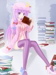  bad_id bad_pixiv_id book bookmark bow crescent hair_bow hat highres hsuliherng long_hair long_sleeves open_mouth patchouli_knowledge purple_eyes purple_hair ribbon signature sitting solo striped striped_legwear thighhighs touhou vertical-striped_legwear vertical_stripes 