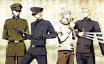  axis_powers_hetalia baton bird black_keys blonde_hair blue_eyes bracelet brown_eyes brown_hair cosplay costume_switch cross cross_necklace crossover fate/zero fate_(series) germany_(hetalia) germany_(hetalia)_(cosplay) gilgamesh gilgamesh_(cosplay) gloves hat jewelry kotomine_kirei kotomine_kirei_(cosplay) male_focus military military_uniform multiple_boys namesake necklace peaked_cap prussia_(hetalia) prussia_(hetalia)_(cosplay) rabio321 red_eyes uniform white_hair 