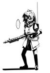  1girl akai_megane commentary_request dress gas_mask greyscale gun machine_gun mg42 monochrome nanamori_school_uniform parody sailor_dress school_uniform serafuku simple_background solo sugiura_ayano watarai_keiji weapon yuru_yuri 