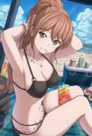  1girl armpits arms_up bang_dream! bangle bangs bare_arms bare_legs beach bikini black_bikini blue_sky blurry blurry_background blush bottle bracelet breasts brown_hair cleavage cloud collarbone cooler cup day earrings eyebrows_visible_through_hair flower footwear_removed green_eyes hair_between_eyes hair_tie_in_mouth highres imai_lisa jewelry large_breasts long_hair looking_at_viewer lotion mouth_hold narafume necklace ocean outdoors ponytail sand sandals sidelocks sitting sky smile solo stomach swimsuit tying_hair 