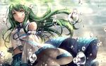  1girl air_bubble arm_ribbon bangs breath bubble bubble_blowing bubbles detached_sleeves female frog_hair_ornament green_eyes green_hair hair_ornament kochiya_sanae long_hair long_sleeves midriff open_mouth ribbon shirt skirt solo submerged tidsean touhou underwater water wide_sleeves 