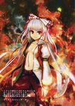  :| absurdres bow closed_mouth collarbone fire fujiwara_no_mokou hair_bow highres long_hair looking_at_viewer no_bra open_clothes red_eyes scan silver_hair solo touhou translation_request virus_(obsession) 