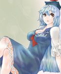  bad_id bad_pixiv_id blue_hair breasts brown_eyes cleavage crossed_legs dress hat kamishirasawa_keine long_hair medium_breasts sitting solo somsom touhou 