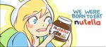  1girl adventure_time animal_ears backpack bag blonde_hair blue_eyes blush bunny_ears cartoon_network fionna food hazelnut hood jar nutella saliva toast 