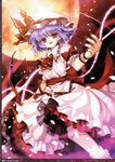  ascot bow capura_lin hat hat_bow highres moon non-web_source petals puffy_sleeves purple_hair red_eyes red_moon remilia_scarlet scan scanlines short_hair short_sleeves sky solo touhou wings 