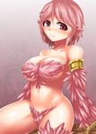  1girl armband blush breasts claws cleavage feathers harigane_shinshi harpy highres large_breasts monster_girl navel nude original pink_background pink_hair red_eyes short_hair simple_background sitting solo wings 