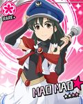  bare_shoulders blush bridal_gauntlets brown_eyes card_(medium) card_parody character_name cinderella_girls_card_parody fingerless_gloves gloves green_hair hair_ornament hand_on_headwear hat long_hair looking_at_viewer mao_mao mole parody satomura_kyou skirt smile sonic_wings 