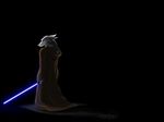  black_background canine glowing glowing_eyes koul lightsaber male mammal plain_background robe silver_fur solo sword weapon wolf 