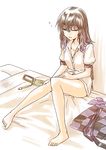  abo_(hechouchou) alternate_hairstyle bare_legs barefoot bed bottomless brown_hair cellphone closed_eyes dress_shirt feet hair_down himekaidou_hatate monochrome naked_shirt no_pants phone shirt sitting sleeping sleeping_upright solo touhou 