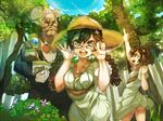  2girls :d arm_up beetle black_hair braid bug butler butterfly butterfly_net dress facial_hair glasses hand_net hat himuro_(dobu_no_hotori) insect long_hair looking_at_viewer multiple_girls mustache open_mouth original pointing short_hair smile stag_beetle straw_hat sweat tree twin_braids twintails white_hair 
