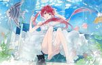  animal bare_legs barefoot blue_eyes bubble cat dress feet fish frilled_dress frills long_hair michi_(iawei) open_mouth original pink_hair plant red_hair sitting sleeveless sleeveless_dress soles solo sundress train_interior twintails underwater wet wet_clothes white_dress window 