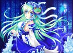  blue_eyes bug butterfly frills green_hair hair_ornament hairclip insect japanese_clothes kimono kochiya_sanae lolita_fashion long_hair shindou_hayato solo stained_glass touhou wa_lolita window 