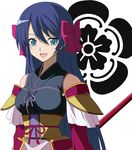  :d armor blue_eyes blush bow detached_sleeves hair_bow japanese_clothes long_hair miracle niwa_nagahide_(oda_nobuna_no_yabou) oda_nobuna_no_yabou open_mouth polearm purple_hair smile solo weapon 