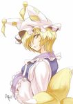  abo_(hechouchou) animal_ears blonde_hair fox_ears fox_tail hair_over_one_eye hands_in_opposite_sleeves hat jpeg_artifacts light_smile looking_at_viewer multiple_tails short_hair sideways_glance simple_background smile solo tabard tail touhou upper_body yakumo_ran yellow_eyes 