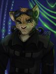  armor earpiece electronics eyewear feline goggles grey_eyes jacket koul leopard male mammal nuclear soldier solo uniform 