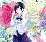  black_hair bow flower kunimura_hakushi original purple_eyes school_uniform short_hair skirt smile solo wind 