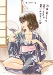  abo_(hechouchou) barefoot black_hair breasts cleavage collarbone fan fanning hot japanese_clothes kimono looking_away medium_breasts no_bra paper_fan profile red_eyes shameimaru_aya short_hair sitting solo summer sweat touhou translated uchiwa wind_chime window yokozuwari 