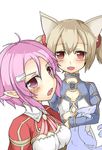  animal_ears blush bow bowtie brown_hair cat_ears dress freckles hair_ornament hairclip lisbeth lisbeth_(sao-alo) multiple_girls open_mouth pina_(sao) pink_hair pointy_ears purple_eyes red_eyes rindou_(faker's_manual) short_hair short_twintails silica silica_(sao-alo) sword_art_online twintails 