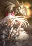  breasts cleavage elbow_gloves fantasy gloves highres hokuto_shinken horns huge_breasts jewelry large_breasts long_hair mecha necklace original parted_lips serious sword weapon white_hair white_legwear yellow_eyes 