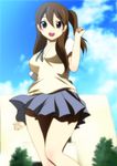  black_eyes breasts brown_hair character_request cloud clouds happy highres k-on! school_uniform skirt sky taki_eri yadokari_genpachirou 