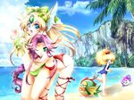  angela_(seiken_densetsu_3) ass beach bikini blonde_hair blue_eyes breast_grab breast_squeeze breasts charlotte_(seiken_densetsu_3) cleavage coconut_tree day front-tie_top grabbing green_eyes looking_back medium_breasts multiple_girls ocean one-piece_swimsuit one_eye_closed palm_tree purple_hair ribbon riesz sand school_swimsuit seiken_densetsu seiken_densetsu_3 shindou_hayato skindentation swimsuit thigh_gap thigh_ribbon tree 